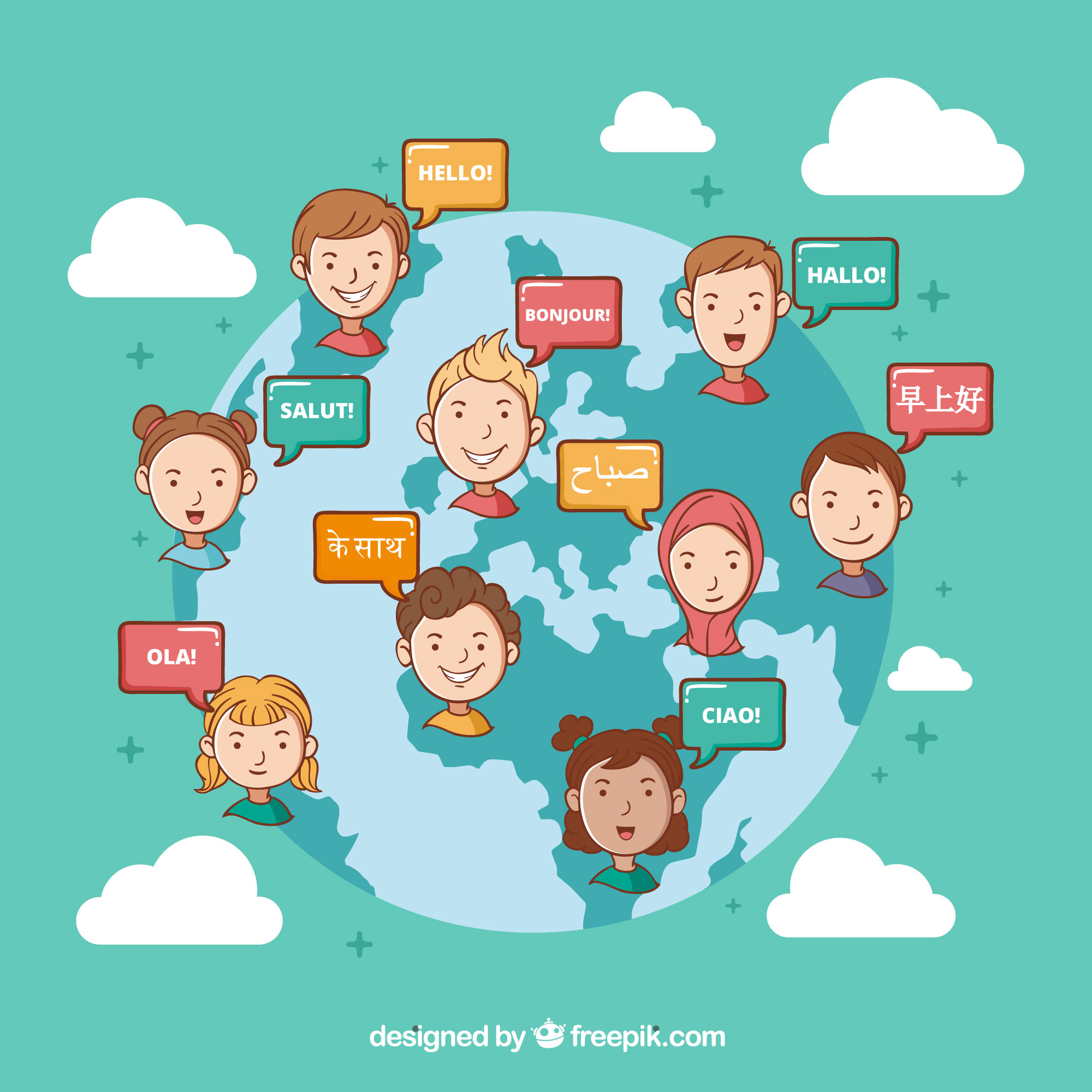 Illustrazione di bambini di diverse etnie intorno al mondo che salutano in varie lingue (hello, ciao, hola, salut, hallo, buongiorno), simbolo di multiculturalità e comunicazione globale.