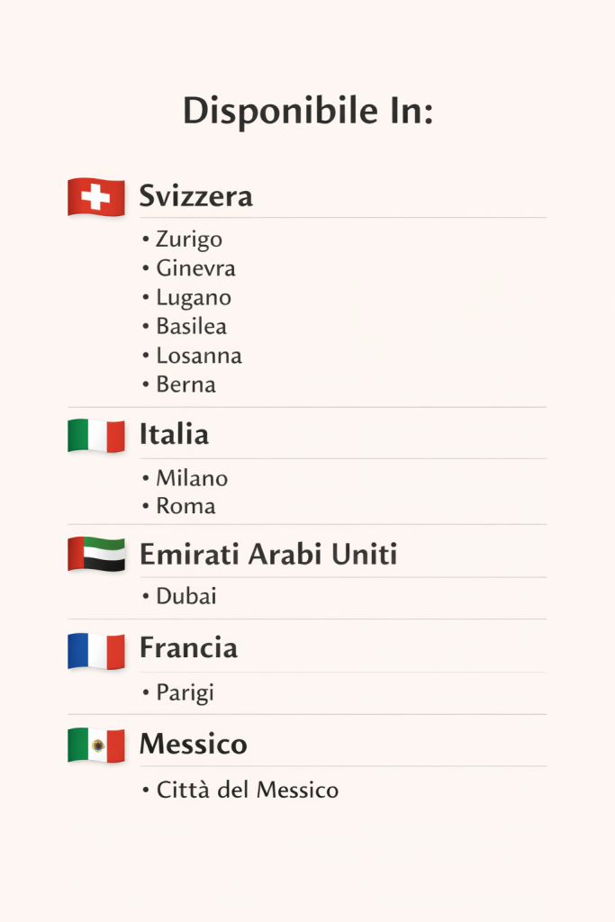 Lista di città in cui famappy è attivo:
- zurigo
-ginevra
- lugano
- basilea
- Losanna
- Berna
- Milano
- Roma
- Dubai
- Parigi
- Città del messico