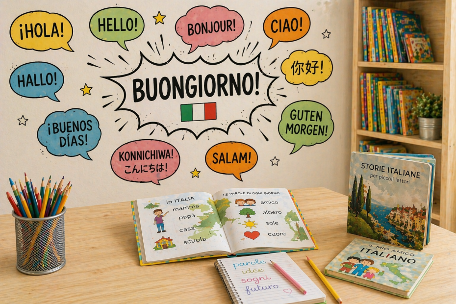 Libri per bambini in italiano, quaderno e matite su un tavolo, con parole di saluto in diverse lingue sullo sfondo